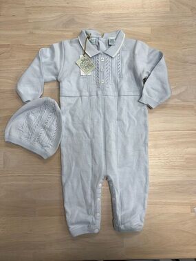 New! Feltman Brothers blue cotton knit romper and hat